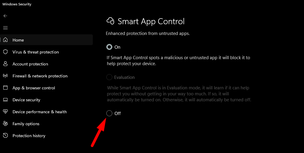Страницата Smart App Control с трите положения